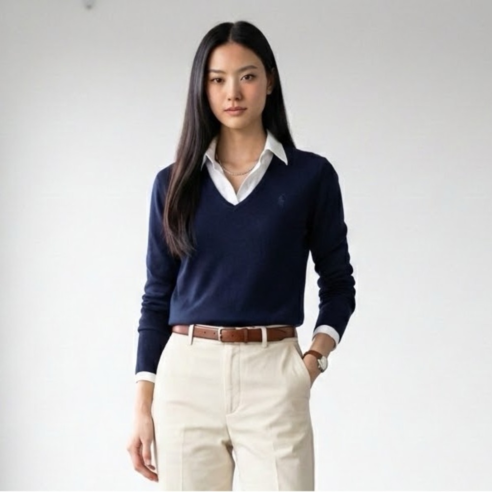 Ralph Lauren Golf Vintage Navy 100% Cotton V-Neck Sweater Embroidered Pony Logo